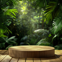 wooden podium set in a lush tropical forest for product presentation surrounded by vibrant green fol