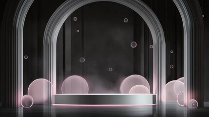 Poster - Elegant Minimalist Stage with Soft Lighting and Modern Bubbles