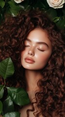 Poster - Woman with curly hair surrounded by leaves exudes tranquility and natural beauty in a lush setting