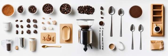 Poster - A creative flat lay arrangement showcases coffee beans, cups, spoons, and a coffee maker, ideal for a perfect morning brewing ritual. Generative AI