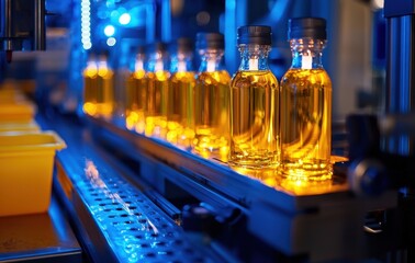 Poster - High-tech automated machine filling bottles with liquid in factory