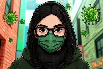 Poster - A pixel art depiction of a masked character standing in front of a quarantine zone, with tiny animated virus particles floating around them