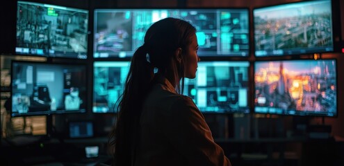 Poster - Woman analyzing data in high-tech security control room