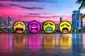 Aufkleber - A pixel art depiction of emotions with small animated faces displaying happiness, sadness, and anger, set against a retro 8-bit background