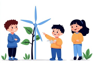 Poster - A playful flat 2D design showing children building a small model wind turbine as part of an educational project, isolated on white