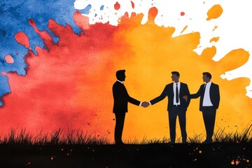 Wall Mural - A vibrant watercolor depiction of employees shaking hands, with splashes of color radiating positive energy