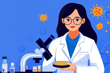 Aufkleber - A scientist in a lab holding a petri dish under a microscope, surrounded by vials and data charts analyzing a virus outbreak