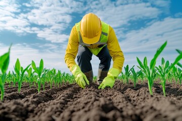 Aufkleber - A serene image of an environmental engineer collecting soil samples in a green field for testing