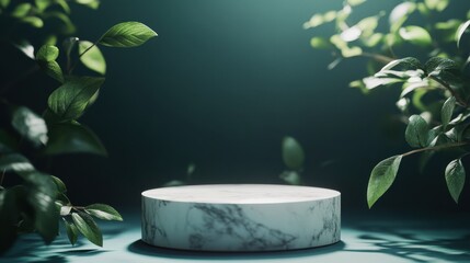 Poster - minimalistic display platform surrounded by lush green leaves
