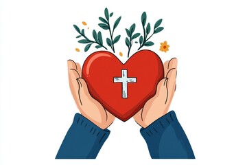 Poster - A simple illustration of hands holding a glowing heart with a small cross symbol, representing care and recovery