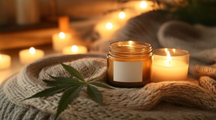 Aufkleber - Soft, warm light from eco-friendly candles fills the room, enhancing a relaxed ambiance. A cozy knit blanket surrounds natural beauty products, highlighting zero-waste aesthetics and sustainability.