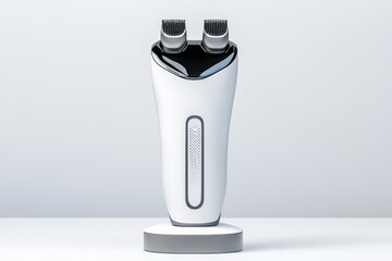 Poster - A stylized 3D render of a futuristic epilation tool with interchangeable heads, displayed on a sleek pedestal with dynamic lighting