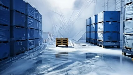 Poster - Industrial Warehouse with Wooden Pallets and Stacked Boxes in a Cool Environment