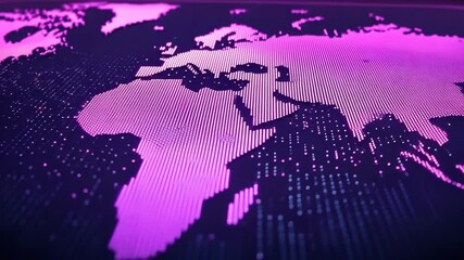 Poster - Futuristic Digital World Map with Neon Colors and Geometric Patterns in a Vibrant Design