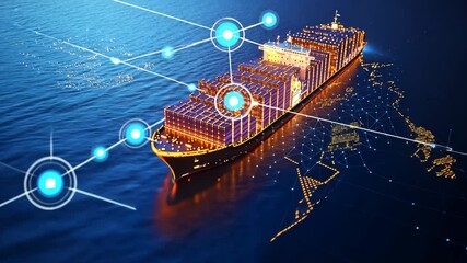 Poster - Futuristic Cargo Ship Sailing Through Digital Network in Ocean at Night