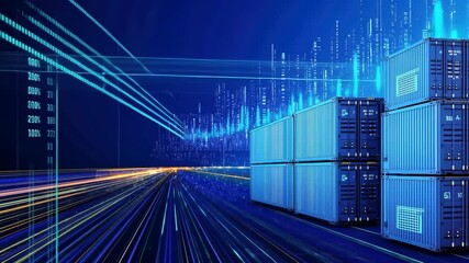 Poster - Futuristic Data Center with Shipping Containers and Digital Connections in Blue Color Scheme