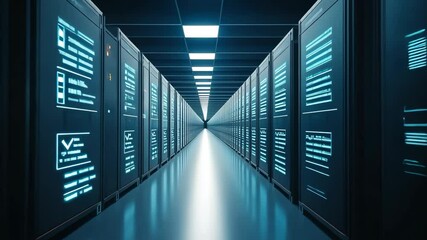 Poster - Futuristic Data Center Interior with Bright Neon Displays and Server Racks