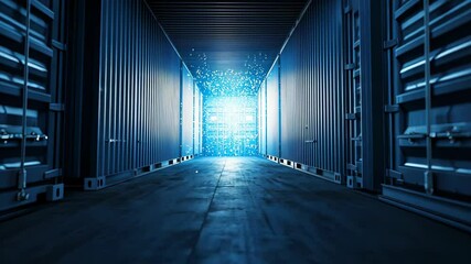 Poster - Futuristic Storage Corridor with Glowing Light and Technology Elements in a Shipping Container
