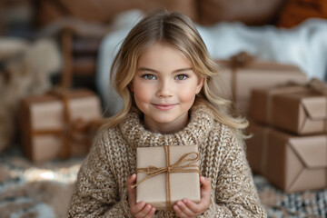 A young girl is holding a gift box and smiling