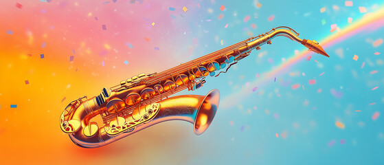 Golden Saxophone with Rainbow and Confetti.