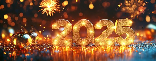 Wall Mural - Stunning 2025 New Year’s Eve Celebration: Golden Lights, Fireworks, and Holiday Ornaments