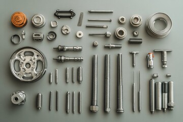 Poster - Collection of various car components and tools displays bolts, nuts, spark plugs, and wrenches organized on a gray background with copy space. Generative AI