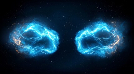 Poster - 3D abstract background with particles glowing in blue and orange.