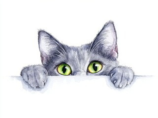 Naklejka na meble A vivid watercolor painting featuring a gray cat with captivating green eyes.