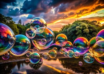 Poster - Dynamic Long Exposure of Exploding Soap Bubbles in a Colorful Display of Light and Motion Captured in Stunning Detail for Visual Exploration and Artistic Inspiration