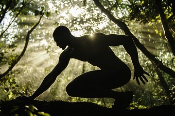 Wall Mural - A silhouette of an athletic man blended with forest scenery, sunlight piercing through branches, energetic and vibrant, medium close-up framing 3