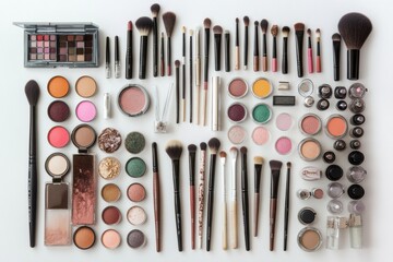 Poster - Vibrant array of makeup tools and products neatly arranged on a white surface, showcasing brushes, eyeshadows, and lipsticks with ample copy space. Generative AI