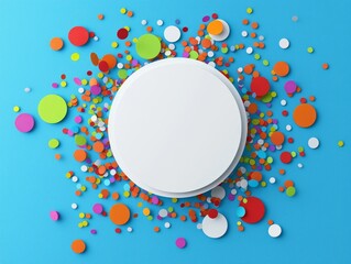 Poster - A lively blue background adorned with multicolored confetti and a round showcase space.