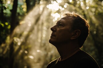 Wall Mural - A silhouette of a middle-aged man blended with dense forest trees, sunlight breaking through mist, contemplative and calm, medium close-up angle 1