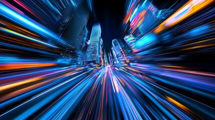 Poster - A bustling cityscape with vivid light trails, creating an impression of swift motion.