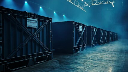 Poster - Industrial Cargo Containers in a Dimly Lit Warehouse with Blue Lighting Effects
