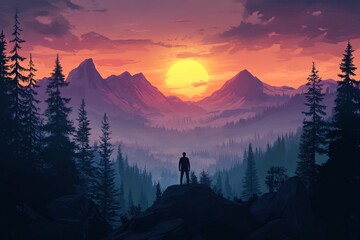 Wall Mural - A man’s silhouette showcasing a majestic mountain range under a warm sunset, enveloped by mystical mist and dense forests, glowing and serene 3