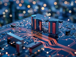 Poster - A high-tech digital environment with a circuit board and radiant elements.