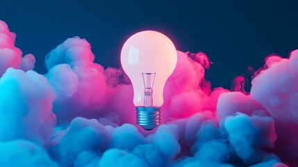 Poster - A shining light bulb amidst a haze of colorful, swirling smoke and particles.