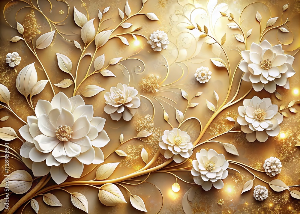 Elegant 3D Luxury Floral White Flower and Leaf Design on Golden ...