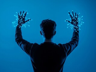 Poster - A figure's outline extends a hand within a web of luminous connections.