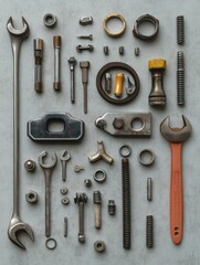 Poster - Various car parts and tools are neatly arranged, showcasing bolts, nuts, wrenches, and spark plugs, perfect for any repair project. Generative AI