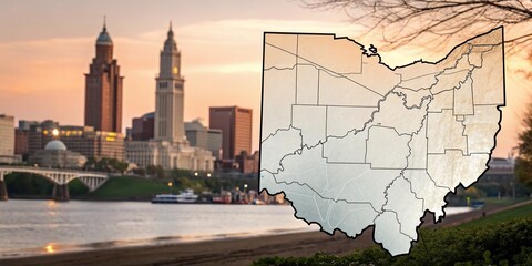 Poster - Elegant Bokeh Effect of Ohio State Shape in Solid Style with a Simple Vector Map Background for Artistic Representation of the United States' Heartland