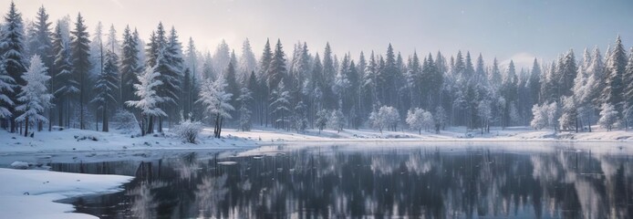  A serene winter landscape with snow-covered trees and a frozen lake on Christmas Day, with a few snowflakes gently falling, snow covered trees, snowy trees
