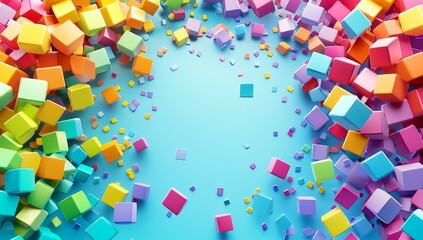 Poster - An abstract 3D design with a geometric arrangement and vibrant background, incorporating cubes.