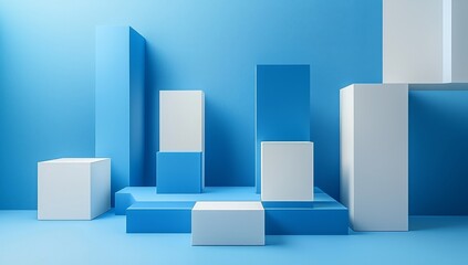 Poster - Abstract 3D illustration featuring a geometric arrangement of blue and white cubes as a background design.