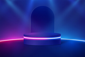 Wall Mural - Vector rendering 3d background, Mockup product display. Futuristic minimal wall scene. Dark blue cylinder pedestal podium. Sci-fi abstract room concept with glowing neon curve lighting line.