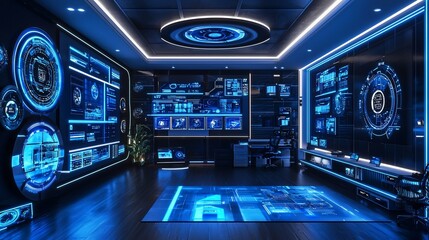 Poster - Futuristic control room with interactive displays and holographic interface.