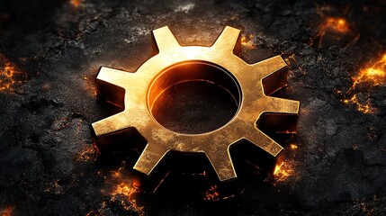 Poster - A metallic gear on a dark, textured background, illuminated with fiery accents.