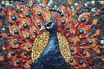 Poster - A vibrant mosaic of a peacock surrounded by colorful patterns and designs.