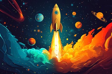 Poster - A colorful rocket launching into space amidst planets and cosmic clouds.